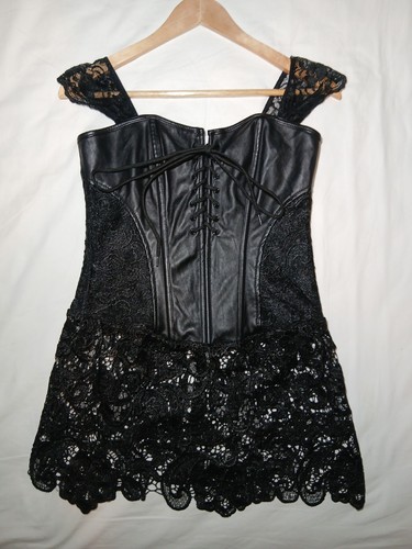 Black lace faux leather corset - black,